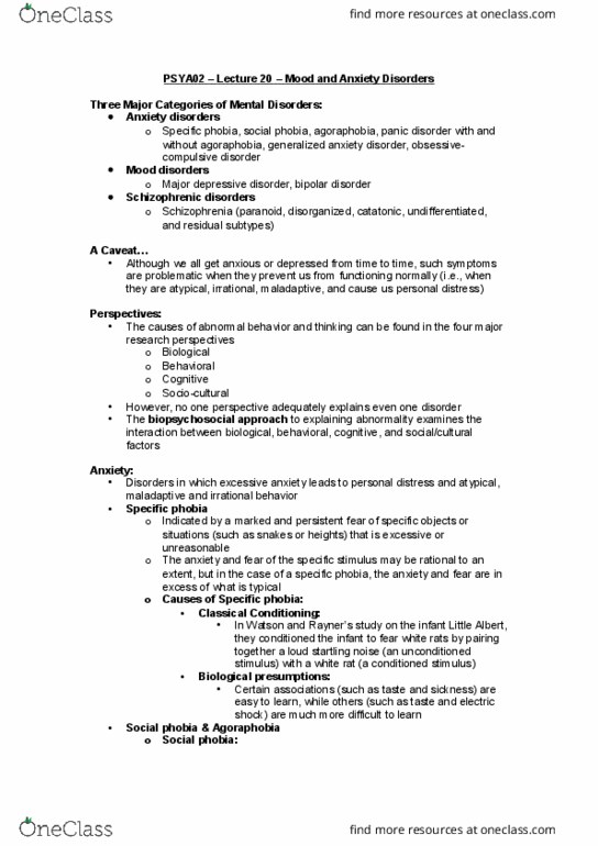 PSYA02H3 Lecture Notes - Lecture 20: Obsessive–Compulsive Disorder, Generalized Anxiety Disorder, Panic Disorder thumbnail