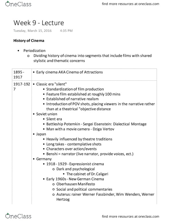 FPA 135 Lecture Notes - Lecture 10: Rainer Werner Fassbinder, Wim Wenders, Dziga Vertov thumbnail