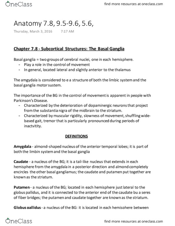 CAS NE 202 Chapter Notes - Chapter 7, 6, 5: Basal Ganglia, Spinocerebellar Tract, Vestibular Nuclei thumbnail