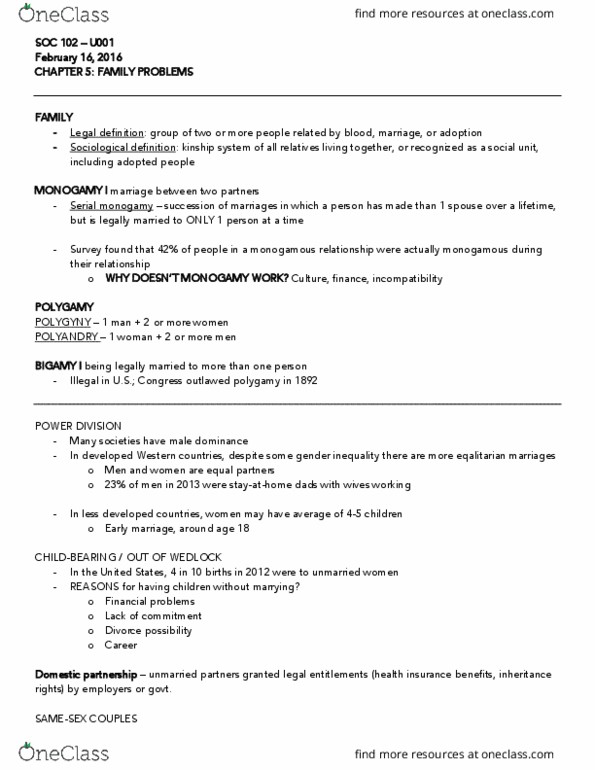 SOC 102 Lecture Notes - Lecture 5: Monogamy, Domestic Partnership thumbnail