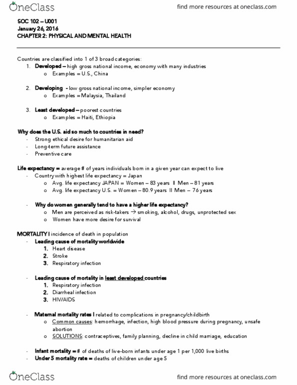 SOC 102 Lecture Notes - Lecture 2: Gross National Income, Infant Mortality, Maternal Death thumbnail