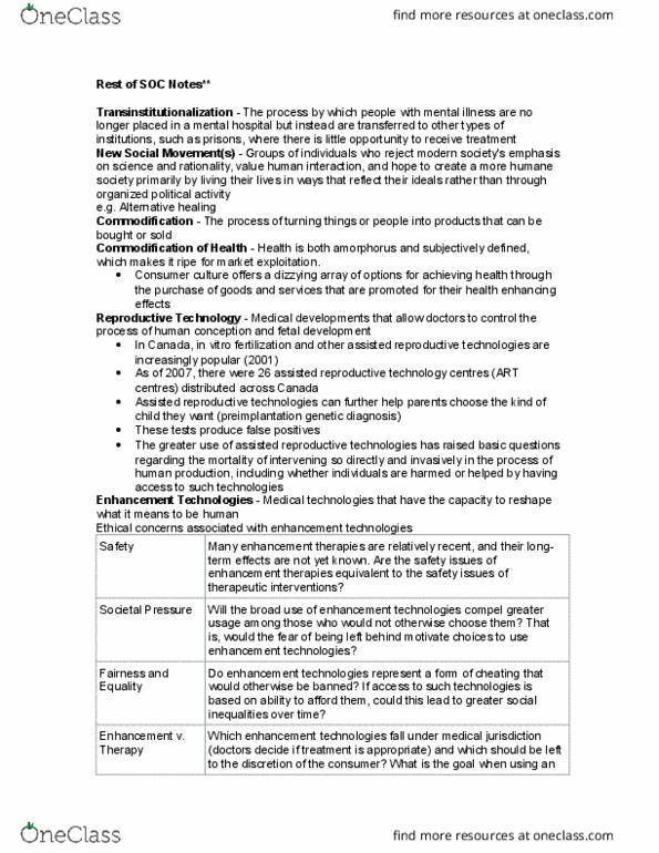 SOC 2101 Lecture Notes - Lecture 1: Human Enhancement, Preimplantation Genetic Diagnosis, Physician Supply thumbnail