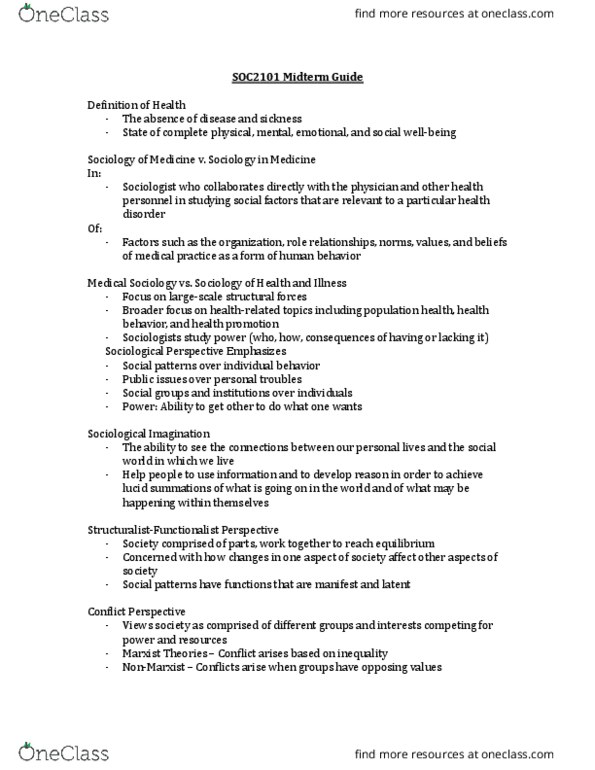 SOC 2101 Lecture Notes - Lecture 4: Talcott Parsons, Health Belief Model, Infant Mortality thumbnail