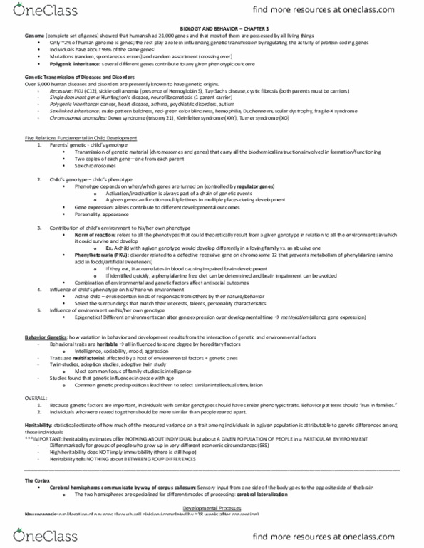 PSY 335 Lecture Notes - Lecture 3: Quantitative Trait Locus, Chromosome Abnormality, Allosome thumbnail