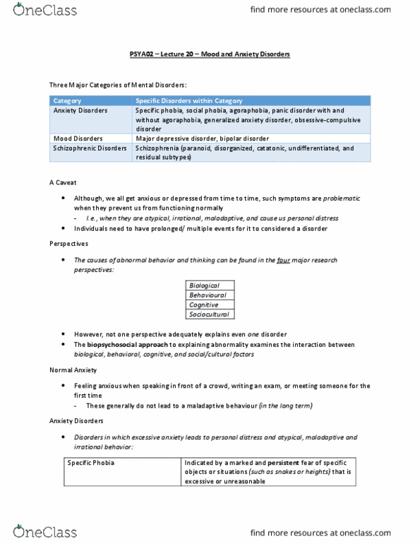 PSYA02H3 Lecture Notes - Lecture 20: Generalized Anxiety Disorder, Mood Disorder, Panic Disorder thumbnail