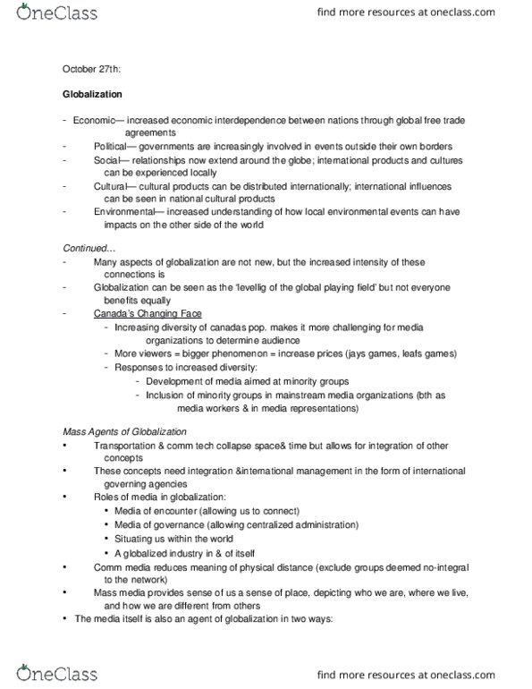 CMST 1A03 Lecture Notes - Lecture 11: World-Systems Theory, Media Imperialism, Alternative Media thumbnail