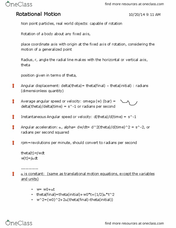 PHYS 161H Lecture Notes - Lecture 7: Acceleration, Rotation Around A Fixed Axis, Angular Acceleration thumbnail