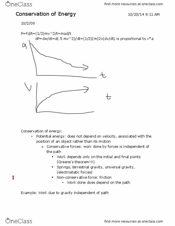 PHYS 161H Lecture Notes - Lecture 5: Conservative Force, Farad, Potential Energy thumbnail