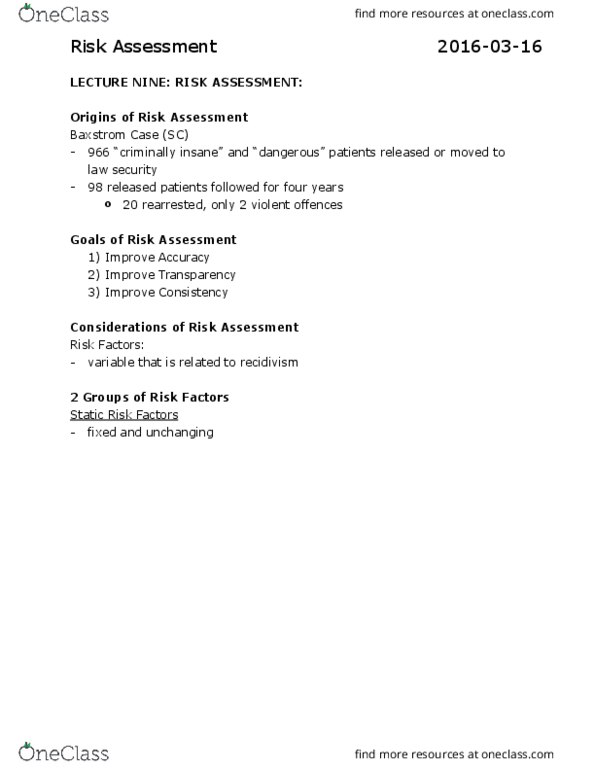 PSYC 2400 Lecture Notes - Lecture 9: Sex Offender, Risk Assessment, Nomothetic thumbnail