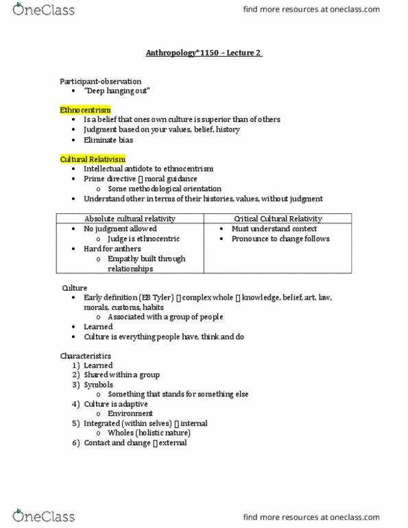 ANTH 1150 Lecture Notes - Lecture 2: Cultural Relativism, Ethnocentrism, Maisin Language thumbnail