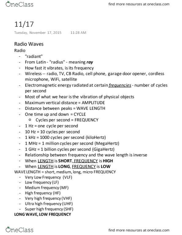 COMM 122 Lecture Notes - Lecture 18: Shortwave Radio, Garage Door Opener, Very Low Frequency thumbnail