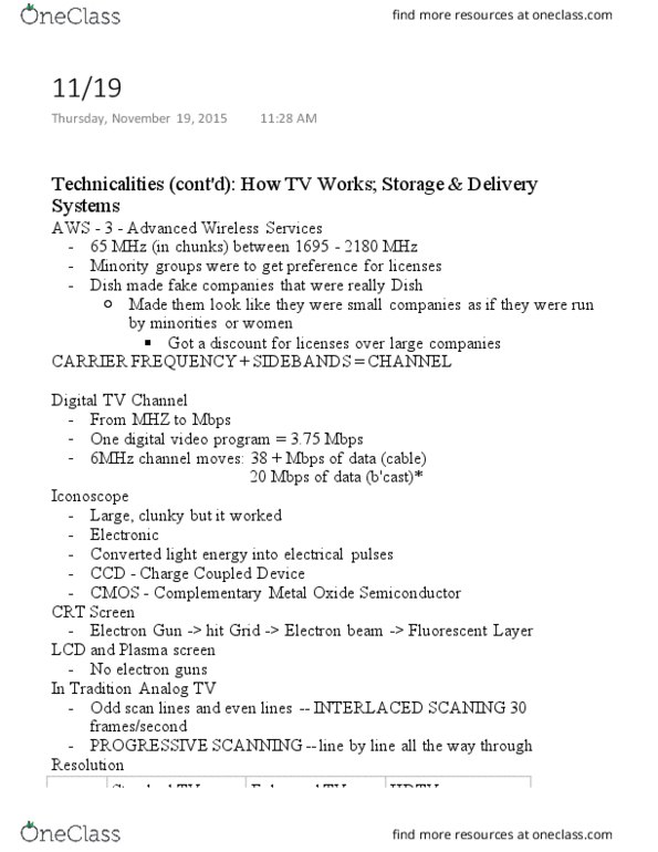COMM 122 Lecture Notes - Lecture 19: Advanced Wireless Services, Charge-Coupled Device, Plasma Display thumbnail