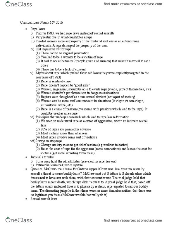 LAWS 2302 Lecture Notes - Lecture 10: Aggravated Sexual Assault, Sexual Assault, Mens Rea thumbnail