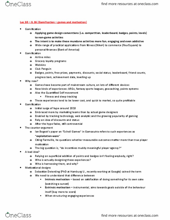 IAT 210 Lecture Notes - Lecture 10: Gamification, Gamasutra, Geocaching thumbnail