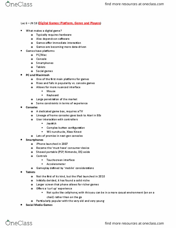 IAT 210 Lecture Notes - Lecture 6: Nunchaku, Playfish, D20 System thumbnail