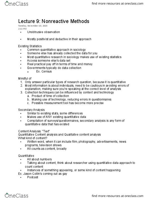 SOC221H5 Lecture Notes - Lecture 9: Jason Collins, Content Analysis, Research Question thumbnail