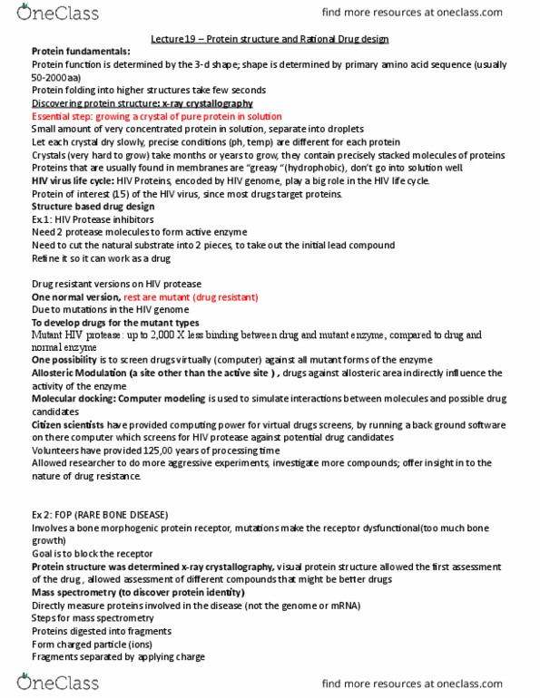 PCL102H1 Lecture Notes - Lecture 19: Hiv-1 Protease, X-Ray Crystallography, Drug Design thumbnail