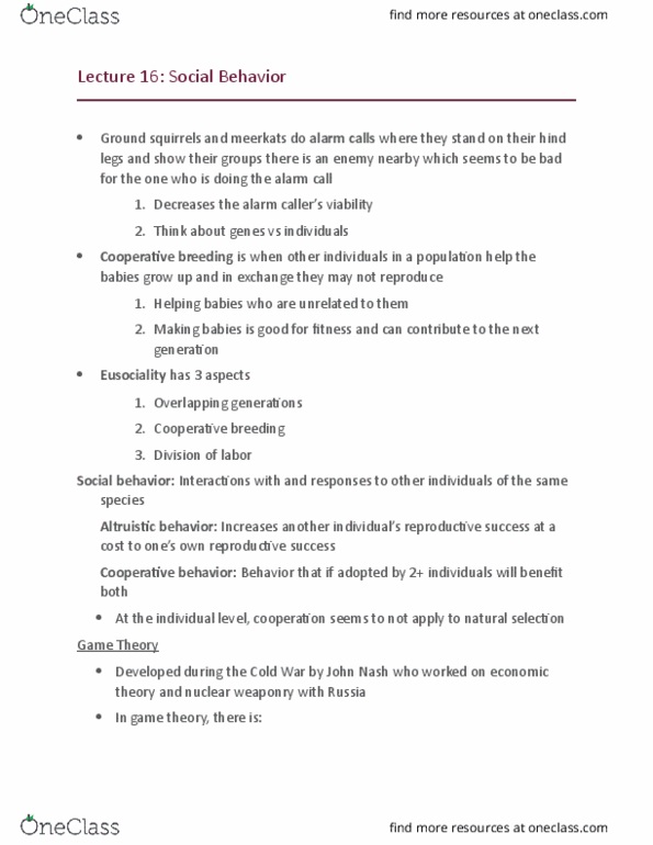 BIO220H1 Lecture Notes - Lecture 16: Cooperative Breeding, Normal-Form Game, Eusociality thumbnail