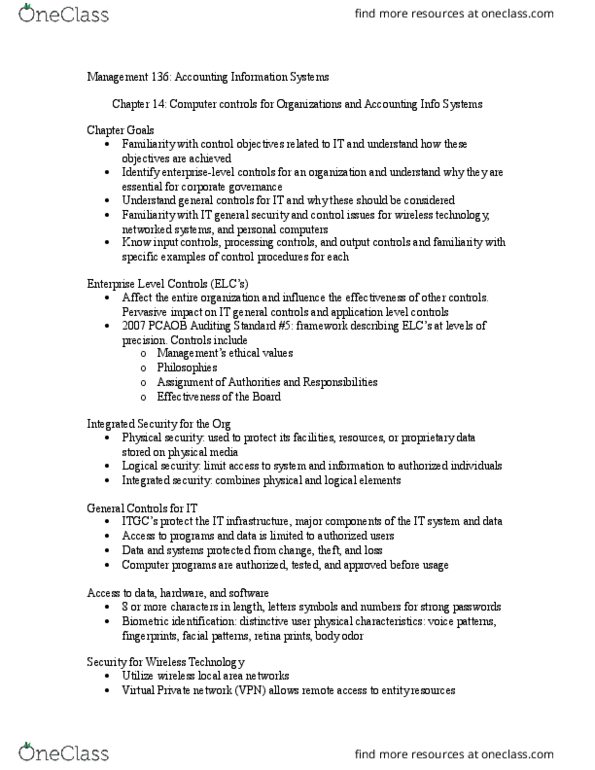 MGMT 136 Lecture Notes - Lecture 14: Business Continuity Planning, Biometrics, Encryption thumbnail