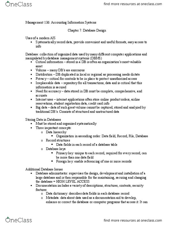 MGMT 136 Lecture Notes - Lecture 7: Database Administrator, Unstructured Data, Data Dictionary thumbnail