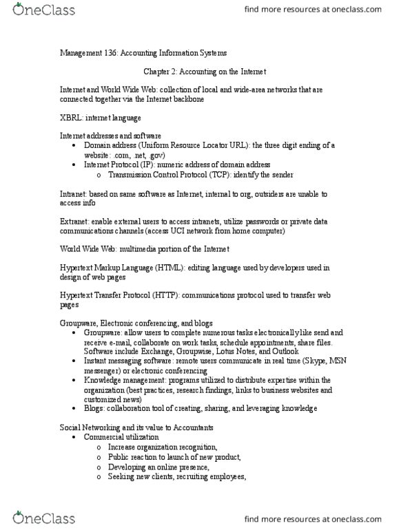 MGMT 136 Lecture Notes - Lecture 2: Hypertext Transfer Protocol, Transmission Control Protocol, Electronic Data Interchange thumbnail