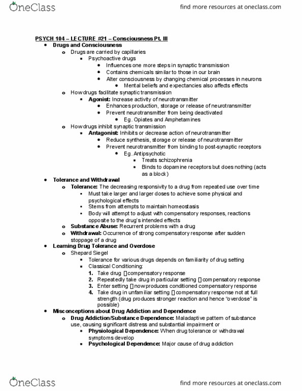 PSYCO104 Lecture Notes - Lecture 21: Drug Tolerance, Barbiturate, Hypnotic thumbnail