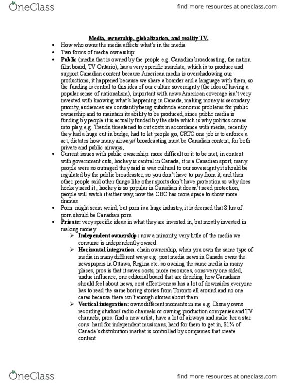 SOC 525 Lecture Notes - Lecture 8: Reality Television, Tvontario, Canadian Content thumbnail