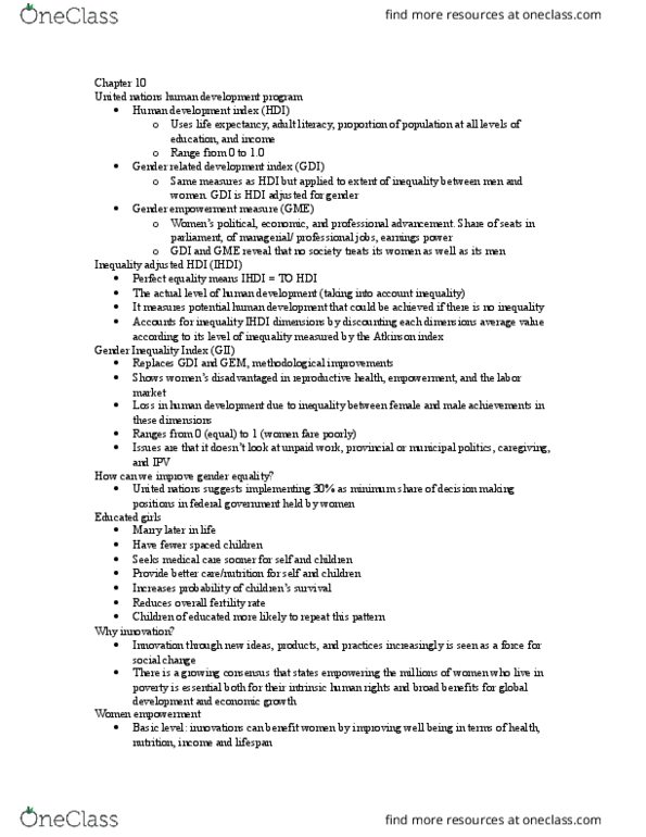 PSY 304 Lecture Notes - Lecture 10: Gender Empowerment Measure, Gender Inequality Index, Human Development Index thumbnail