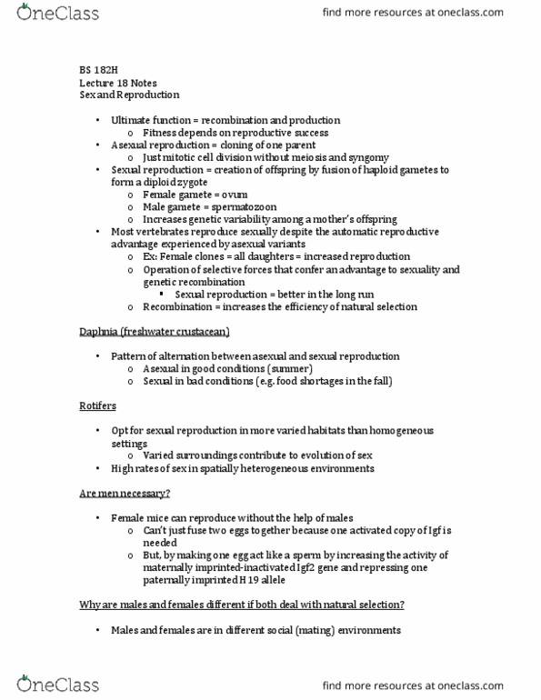 BS 182H Lecture Notes - Lecture 18: Asexual Reproduction, Sexual Selection, Spermatozoon thumbnail