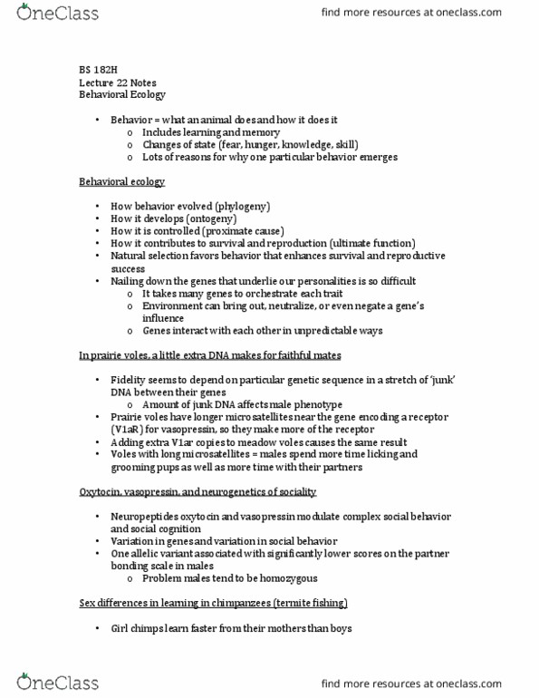 BS 182H Lecture Notes - Lecture 22: Noncoding Dna, Neurogenetics, Vasopressin thumbnail