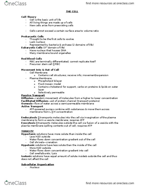 HSCI 100 Lecture Notes - Lecture 4: Fluid Mosaic Model, Semipermeable Membrane, Cell Membrane thumbnail