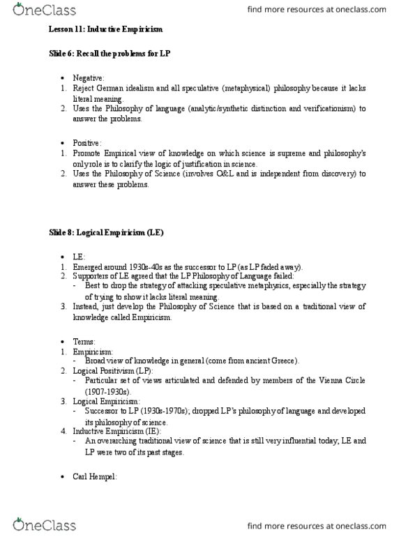 PHIL 220 Lecture Notes - Lecture 11: Logical Positivism, Inductive Reasoning, Unobservable thumbnail