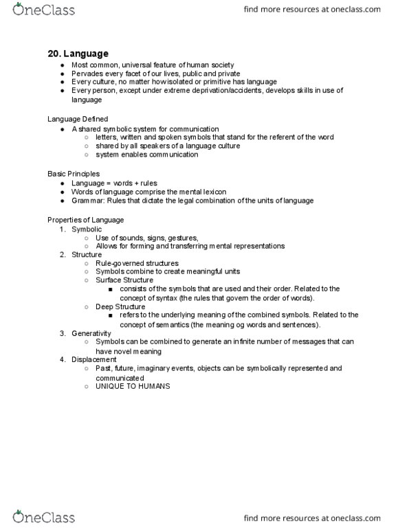 Psychology 1000 Lecture Notes - Lecture 20: Deep Structure And Surface Structure, Pragmatics thumbnail