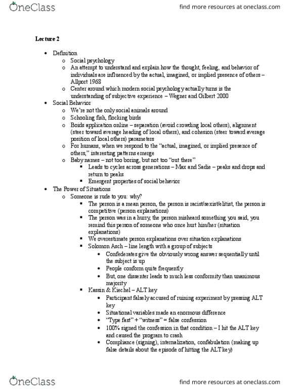 Psychology 15 Lecture Notes - Lecture 2: Solomon Asch, Confabulation, Cockroach thumbnail