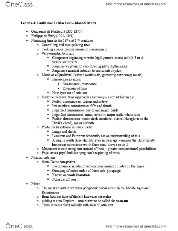 Music 1a Lecture Notes - Lecture 4: Guillaume De Machaut, Philippe De Vitry, Discant thumbnail