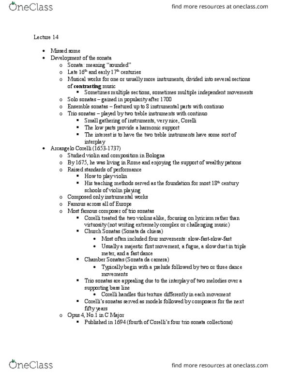 Music 1a Lecture Notes - Lecture 14: Sonata Da Camera, Sonata Da Chiesa, Arcangelo Corelli thumbnail