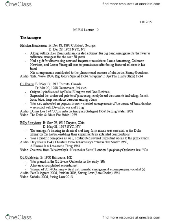 MUS 8 Lecture Notes - Lecture 1: Grammy Award For Best Arrangement, Instrumental Or A Cappella, London Symphony Orchestra, Gil Goldstein thumbnail