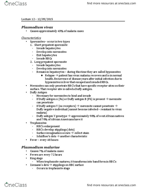 01:146:328 Lecture Notes - Lecture 12: Duffy Antigen System, Plasmodium Ovale, Plasmodium Falciparum thumbnail