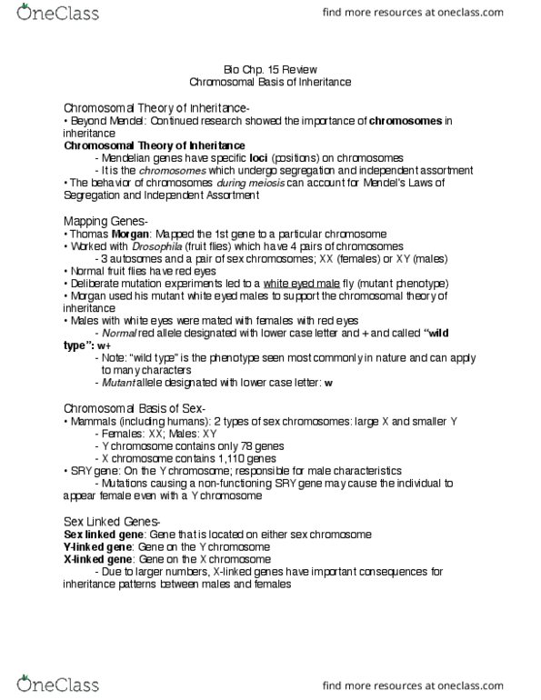 BSC 2010C Chapter Notes - Chapter 15: Y Chromosome, X-Inactivation, Wild Type thumbnail