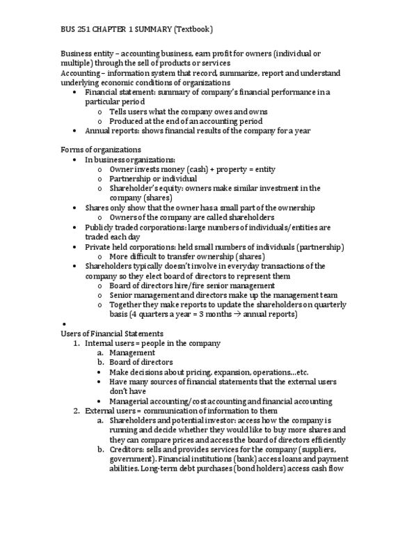 BUS 251 Chapter Notes - Chapter 1: Share Capital, Balance Sheet, Income Statement thumbnail