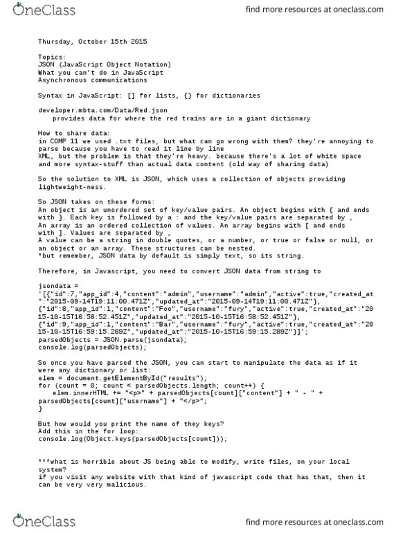 COMP-0020 Lecture Notes - Lecture 12: Json, Javascript, Xml thumbnail