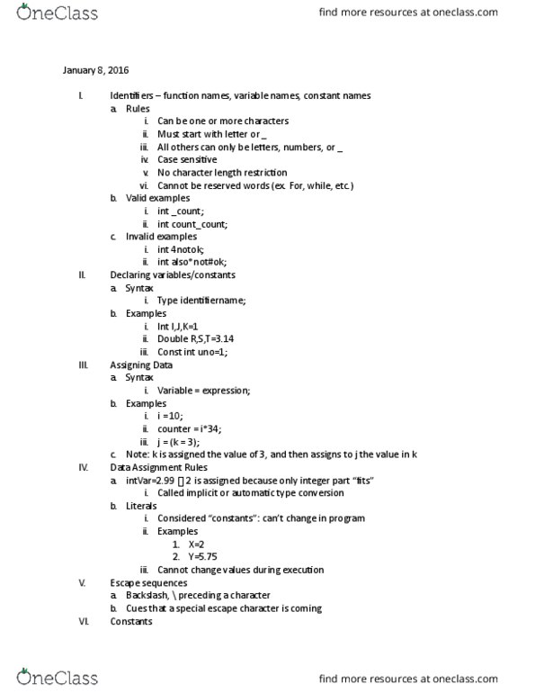 COP-3014 Lecture Notes - Lecture 1: Type Conversion, Escape Character, Switch Statement thumbnail