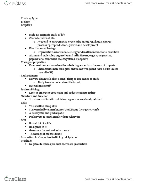 BIL 150 Lecture Notes - Lecture 1: Emergence, Reductionism, Eukaryote thumbnail