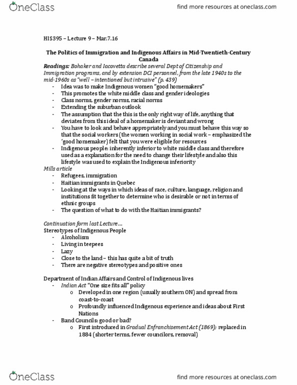 HIS395H5 Lecture Notes - Lecture 9: Indian Act, Millenarianism, Potlatch thumbnail