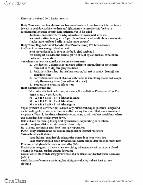 KIN 155 Lecture Notes - Lecture 8: Homeothermy, Acclimatization, Evaporation thumbnail