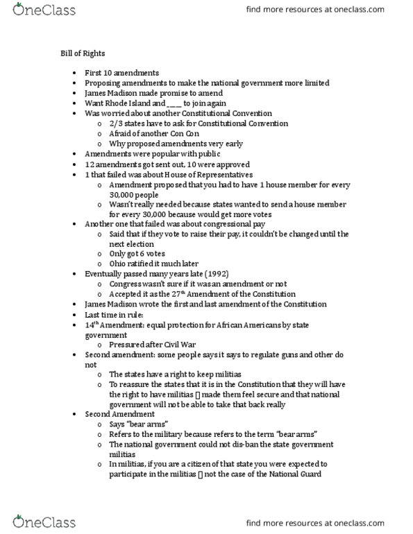 POL 313 Lecture Notes - Lecture 6: Corwin Amendment, Vicinage Clause, Due Process Clause thumbnail