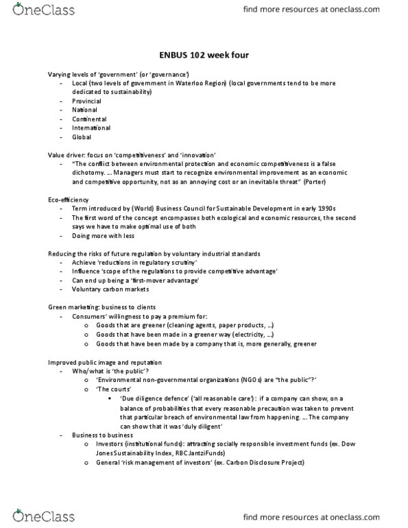 ENBUS102 Lecture Notes - Lecture 4: Regional Municipality Of Waterloo, False Dilemma, Green Marketing thumbnail