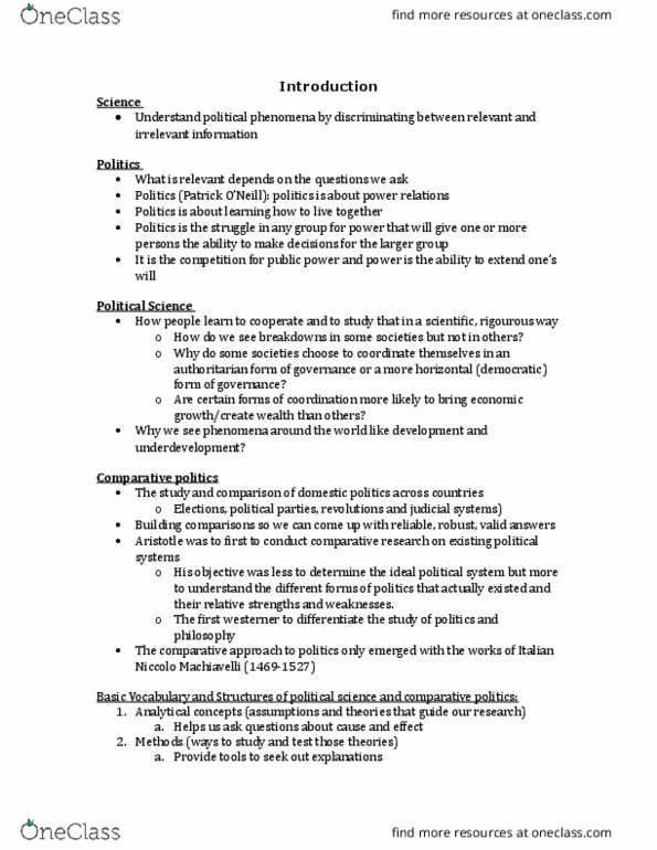 POLI 220 Lecture Notes - Lecture 1: Comparative Politics, Inductive Reasoning, Modernization Theory thumbnail