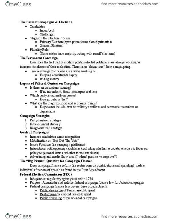 GVPT 170 Lecture Notes - Lecture 6: Campaign Finance Reform In The United States, Campaigns And Elections, Two-Round System thumbnail