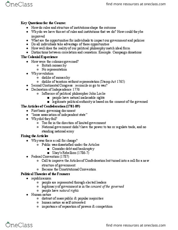 GVPT 170 Lecture Notes - Lecture 1: The Federalist Papers, Monarchy Of The United Kingdom, Limited Government thumbnail